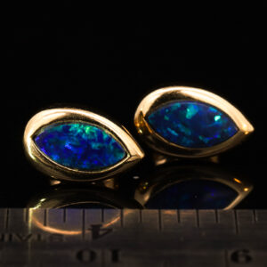 Yellow Gold Blue Green Australian Doublet Opal Stud Earrings