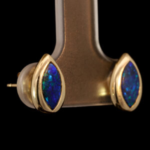 Yellow Gold Blue Green Australian Doublet Opal Stud Earrings