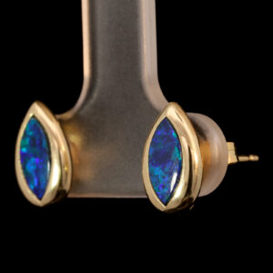 Yellow Gold Blue Green Australian Doublet Opal Stud Earrings