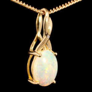 Yellow Gold Blue Green Yellow Orange Solid Australian Crystal Opal and Diamond Pendant Necklace