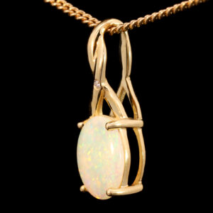 Yellow Gold Blue Green Yellow Orange Solid Australian Crystal Opal and Diamond Pendant Necklace