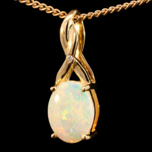 Yellow Gold Blue Green Yellow Orange Solid Australian Crystal Opal and Diamond Pendant Necklace