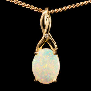 Yellow Gold Blue Green Yellow Orange Solid Australian Crystal Opal and Diamond Pendant Necklace