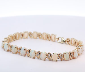 Yellow Gold Blue Green Yellow Orange Solid Australian Crystal Opal and Diamond Bracelet