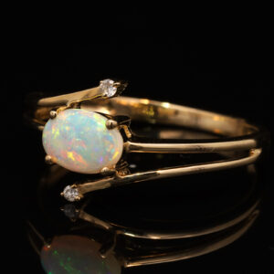 Yellow Gold Blue Green Yellow Orange Solid Australian Crystal Opal and Diamond Engagement Ring