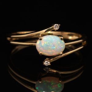 Yellow Gold Blue Green Yellow Orange Solid Australian Crystal Opal and Diamond Engagement Ring