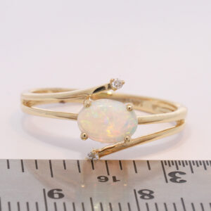 Yellow Gold Blue Green Yellow Orange Solid Australian Crystal Opal and Diamond Engagement Ring