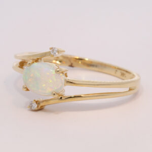 Yellow Gold Blue Green Yellow Orange Solid Australian Crystal Opal and Diamond Engagement Ring