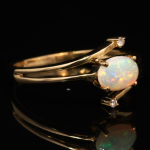 Yellow Gold Blue Green Yellow Orange Solid Australian Crystal Opal and Diamond Engagement Ring