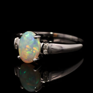 White Gold Blue Green Yellow Orange Solid Australian Crystal Opal and Diamond Engagement Ring