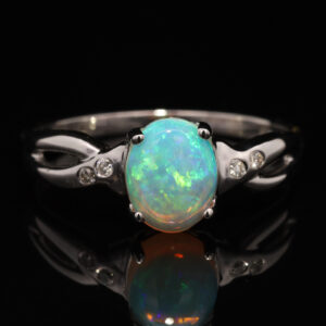 White Gold Blue Green Solid Australian Crystal Opal and Diamond Engagement Ring