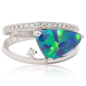 White Gold Blue Green Yellow Orange Solid Australian Black Opal and Diamond Engagement Ring