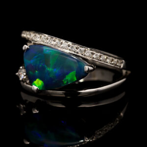 White Gold Blue Green Yellow Orange Solid Australian Black Opal and Diamond Engagement Ring