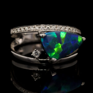 White Gold Blue Green Yellow Orange Solid Australian Black Opal and Diamond Engagement Ring