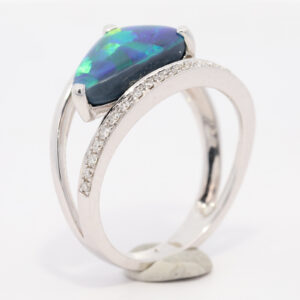 White Gold Blue Green Yellow Orange Solid Australian Black Opal and Diamond Engagement Ring