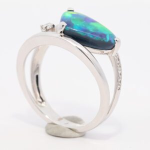 White Gold Blue Green Yellow Orange Solid Australian Black Opal and Diamond Engagement Ring