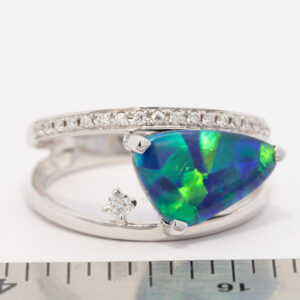 White Gold Blue Green Yellow Orange Solid Australian Black Opal and Diamond Engagement Ring