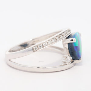 White Gold Blue Green Yellow Orange Solid Australian Black Opal and Diamond Engagement Ring