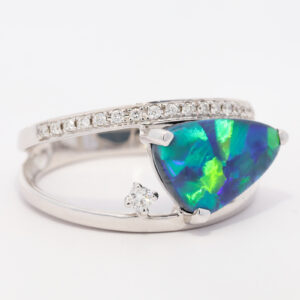 White Gold Blue Green Yellow Orange Solid Australian Black Opal and Diamond Engagement Ring