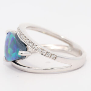 White Gold Blue Green Yellow Orange Solid Australian Black Opal and Diamond Engagement Ring