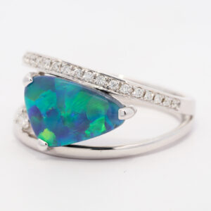 White Gold Blue Green Yellow Orange Solid Australian Black Opal and Diamond Engagement Ring