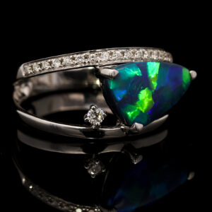 White Gold Blue Green Yellow Orange Solid Australian Black Opal and Diamond Engagement Ring