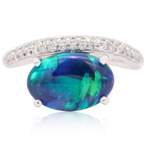 White Gold Blue Green Purple Solid Australian Black Opal and Diamond Engagement Ring