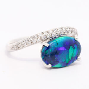 White Gold Blue Green Purple Solid Australian Black Opal and Diamond Engagement Ring