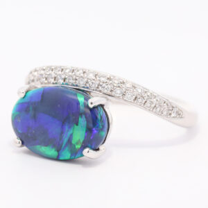 White Gold Blue Green Purple Solid Australian Black Opal and Diamond Engagement Ring