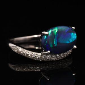 White Gold Blue Green Purple Solid Australian Black Opal and Diamond Engagement Ring