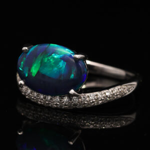 White Gold Blue Green Purple Solid Australian Black Opal and Diamond Engagement Ring