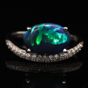 White Gold Blue Green Purple Solid Australian Black Opal and Diamond Engagement Ring