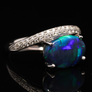 White Gold Blue Green Purple Solid Australian Black Opal and Diamond Engagement Ring