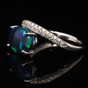 White Gold Blue Green Purple Solid Australian Black Opal and Diamond Engagement Ring