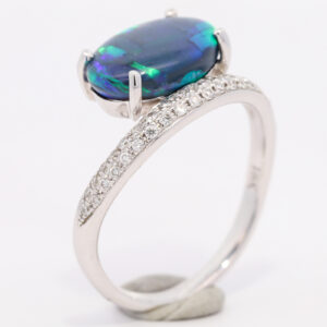 White Gold Blue Green Purple Solid Australian Black Opal and Diamond Engagement Ring