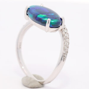 White Gold Blue Green Purple Solid Australian Black Opal and Diamond Engagement Ring