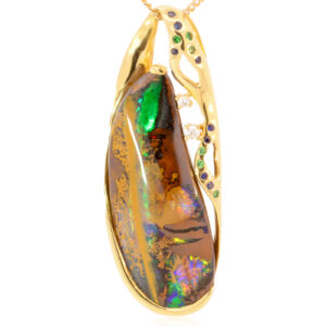 Yellow Gold Blue Green Yellow Orange Red Pink Solid Australian Boulder Opal Diamond Green Garnet and Sapphire Pendant Necklace