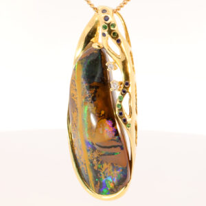 Yellow Gold Blue Green Yellow Orange Red Pink Solid Australian Boulder Opal Diamond Green Garnet and Sapphire Pendant Necklace