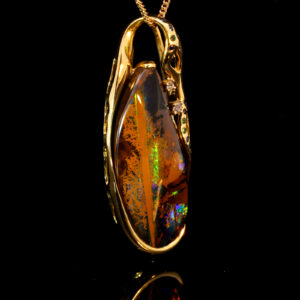 Yellow Gold Blue Green Yellow Orange Red Pink Solid Australian Boulder Opal Diamond Green Garnet and Sapphire Pendant Necklace