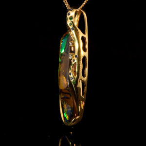 Yellow Gold Blue Green Yellow Orange Red Pink Solid Australian Boulder Opal Diamond Green Garnet and Sapphire Pendant Necklace