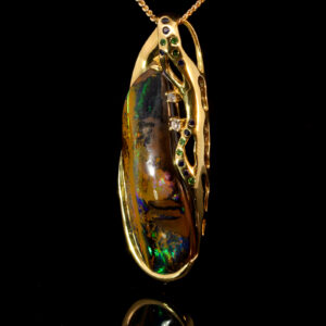 Yellow Gold Blue Green Yellow Orange Red Pink Solid Australian Boulder Opal Diamond Green Garnet and Sapphire Pendant Necklace