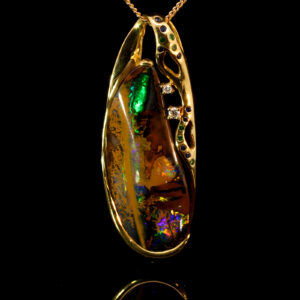 Yellow Gold Blue Green Yellow Orange Red Pink Solid Australian Boulder Opal Diamond Green Garnet and Sapphire Pendant Necklace