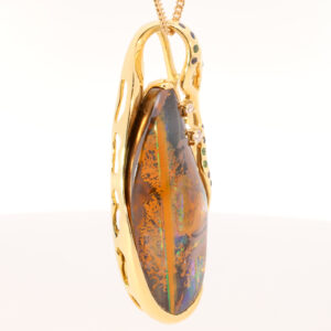 Yellow Gold Blue Green Yellow Orange Red Pink Solid Australian Boulder Opal Diamond Green Garnet and Sapphire Pendant Necklace