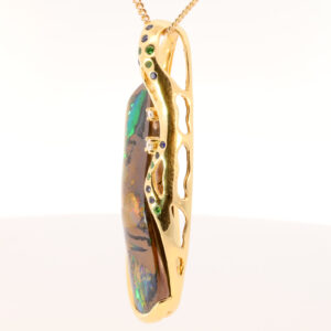 Yellow Gold Blue Green Yellow Orange Red Pink Solid Australian Boulder Opal Diamond Green Garnet and Sapphire Pendant Necklace