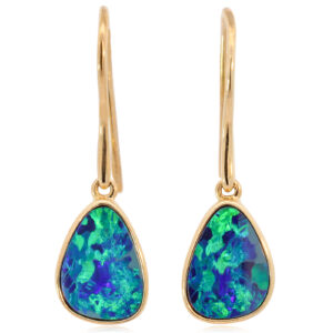 Yellow Gold Blue Green Australian Doublet Opal Drop Earrings