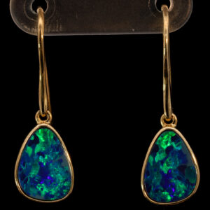 Yellow Gold Blue Green Australian Doublet Opal Drop Earrings