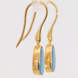 Yellow Gold Blue Green Australian Doublet Opal Drop Earrings