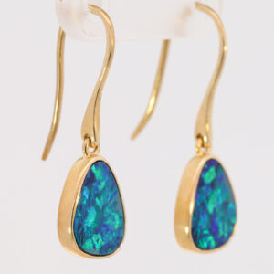 Yellow Gold Blue Green Australian Doublet Opal Drop Earrings