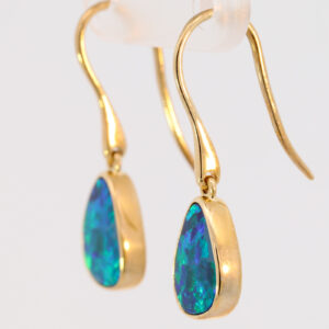 Yellow Gold Blue Green Australian Doublet Opal Drop Earrings