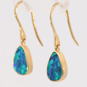 Yellow Gold Blue Green Australian Doublet Opal Drop Earrings